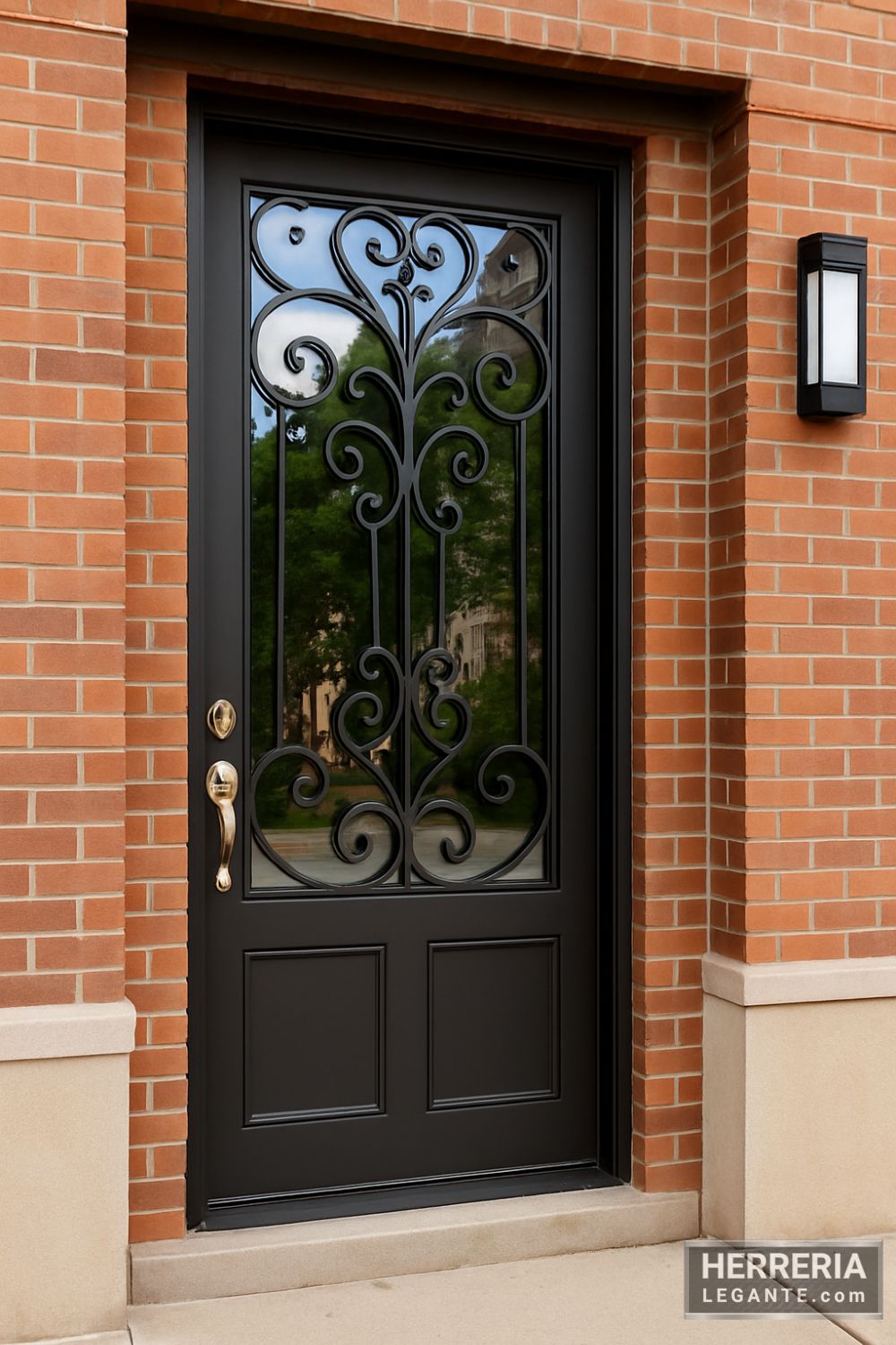 puerta de herrería elegante con vidrio reflejante y diseño curvo instalada en entrada de edificio de ladrillo rojo
