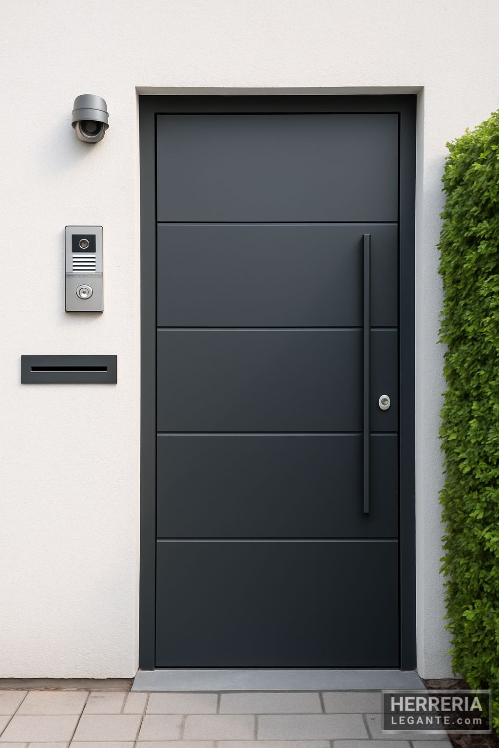 puerta de herrería exterior negra con líneas embutidas y manija vertical, acompañada de portero eléctrico, buzón y cámara en fachada blanca
