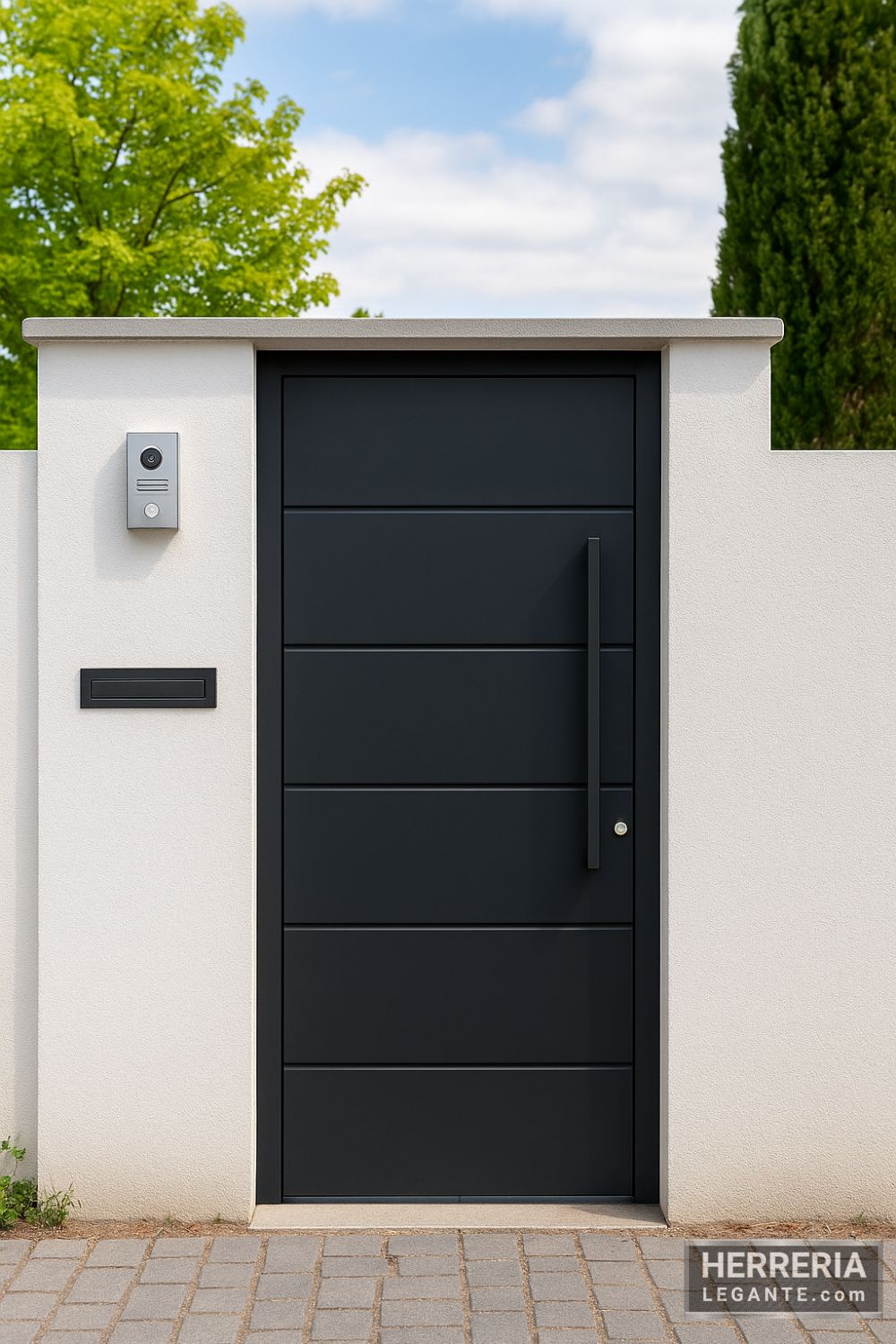 puerta de herrería negra con líneas embutidas y manija vertical en muro exterior bajo blanco, con timbre y buzón integrados