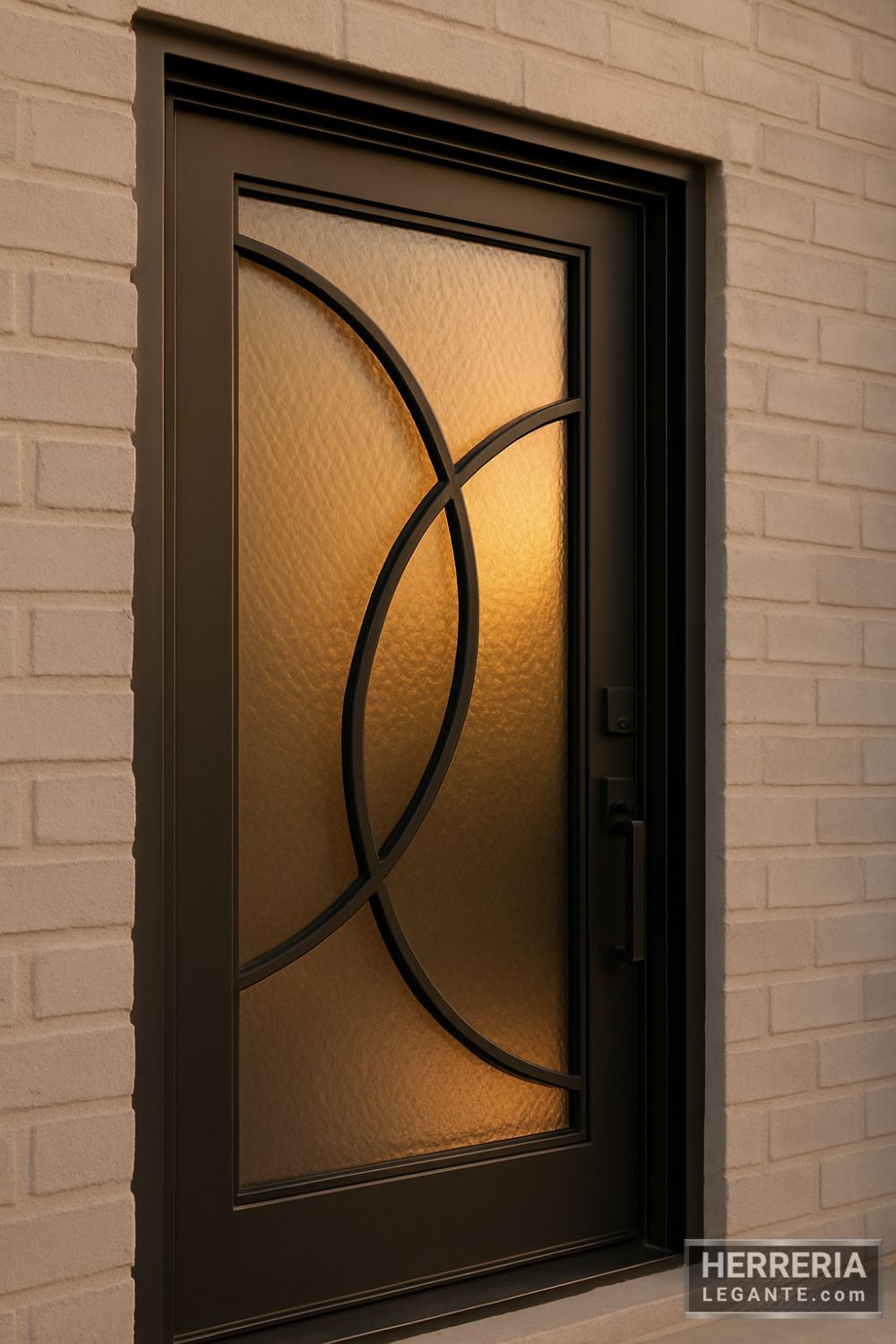 puerta de herrería de una hoja con vidrio martillado y diseño curvo vista lateral al atardecer
