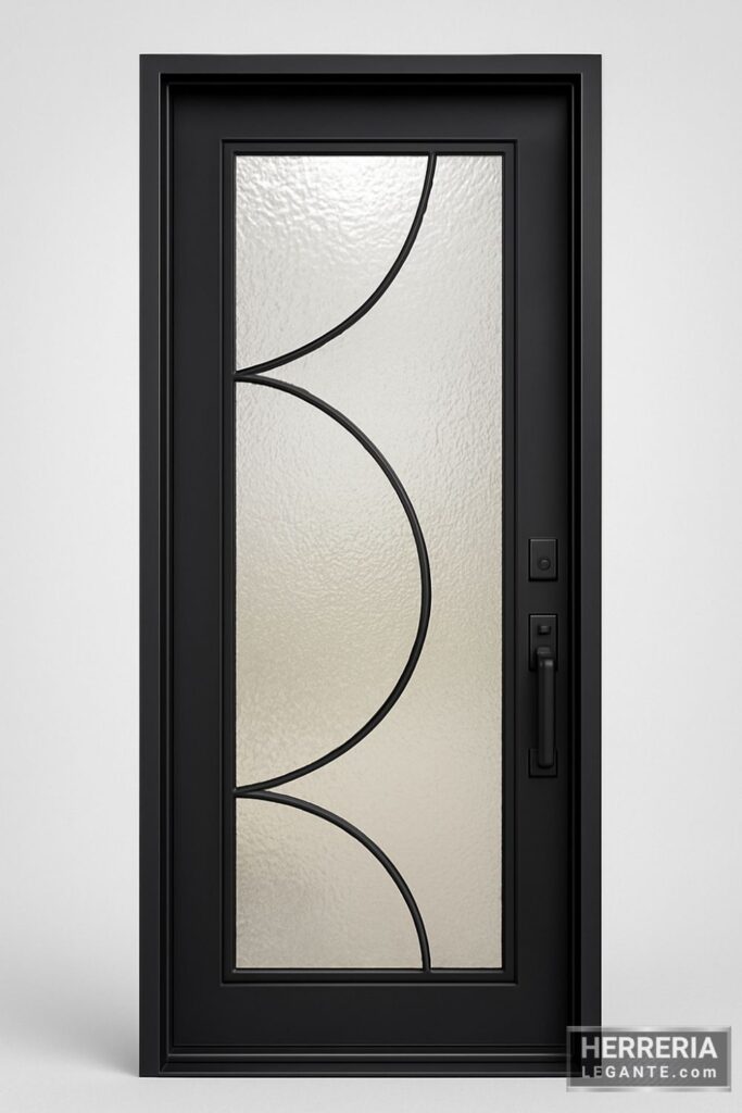 puerta de herrería de una hoja con vidrio martillado y diseño curvo minimalista