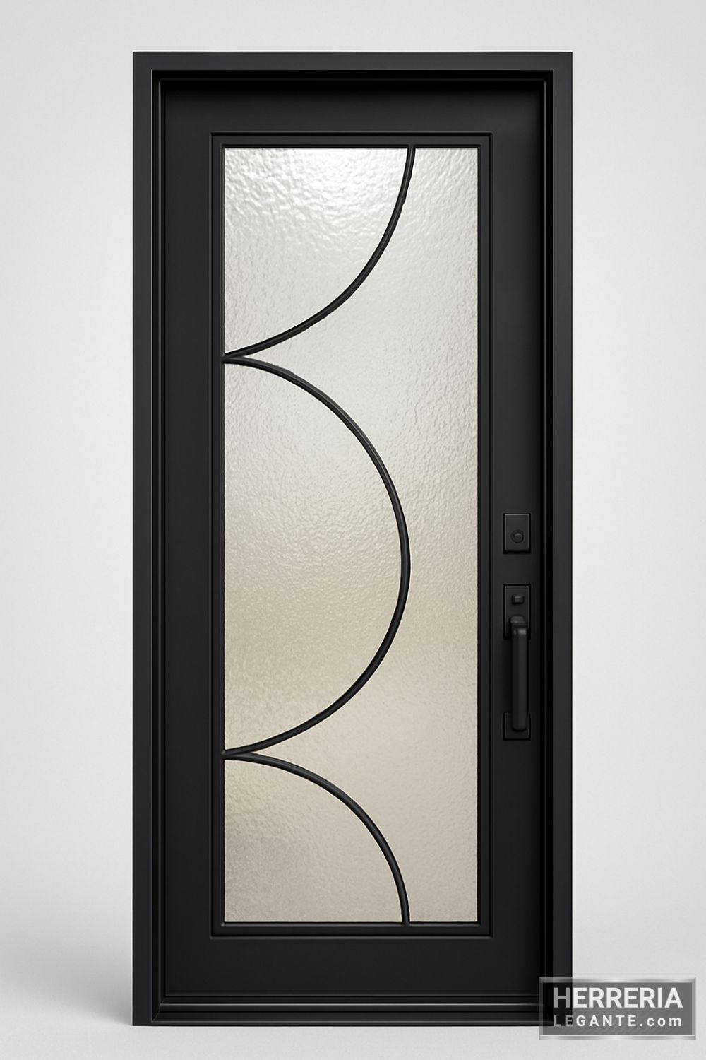 puerta de herrería de una hoja con vidrio martillado y diseño curvo minimalista