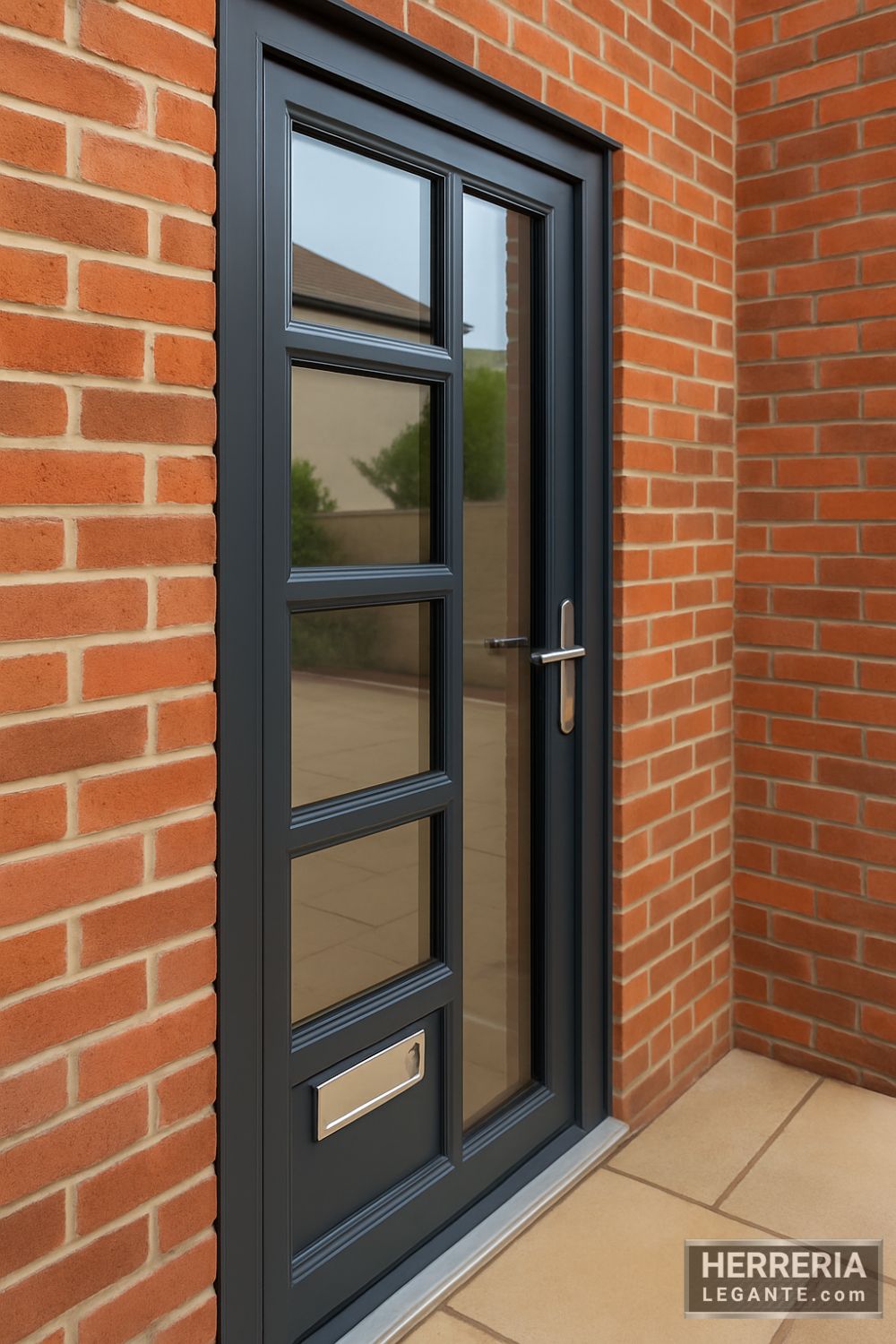 puerta de herrería gris con vidrio y buzón en fachada de departamento de ladrillo