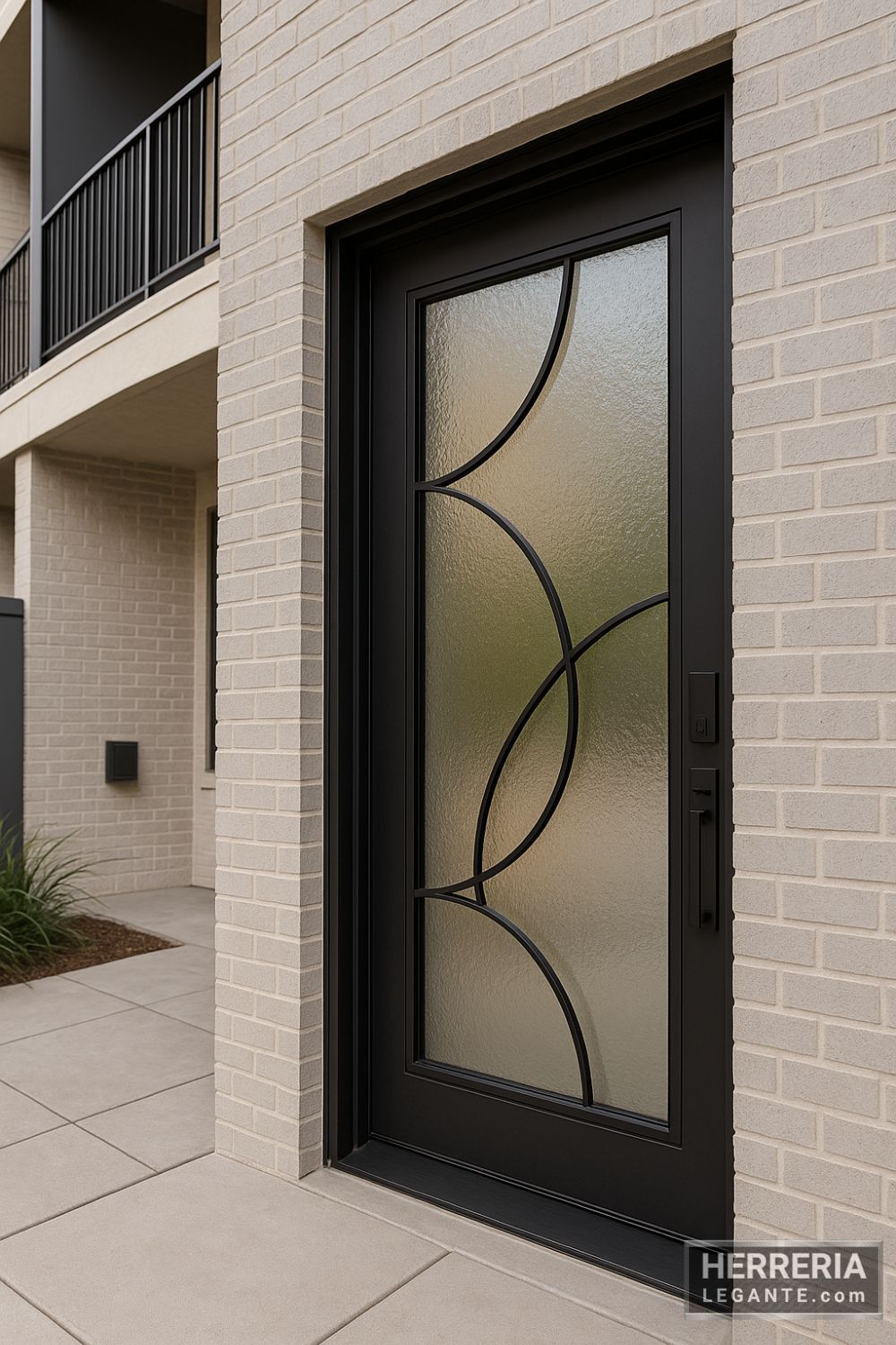 puerta de herrería con vidrio martillado y diseño curvo en acceso principal de departamento moderno