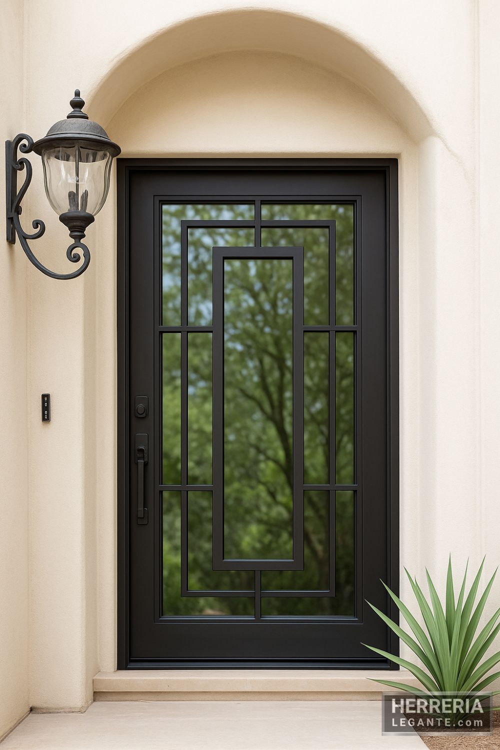 puerta de herrería con vidrio y diseño rectangular ideal para ingreso principal de departamentos o dúplex