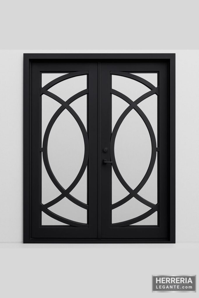 puerta de herrería de doble hoja con vidrio claro y diseño geométrico curvo simétrico sobre fondo neutro