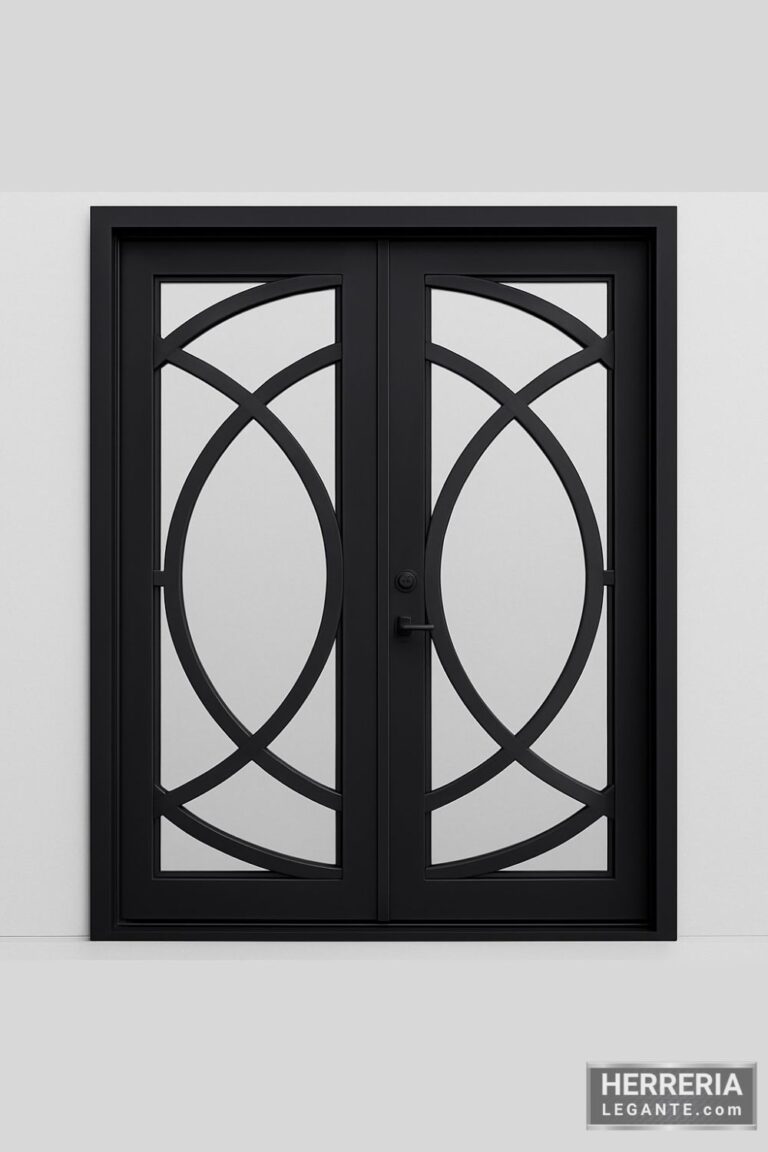 puerta de herrería de doble hoja con vidrio claro y diseño geométrico curvo simétrico sobre fondo neutro