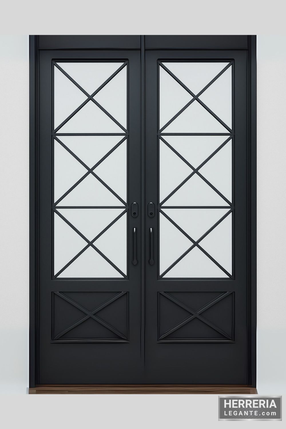 puerta de herrería de doble hoja con diseño en cruz sobre vidrio claro y paneles inferiores sólidos