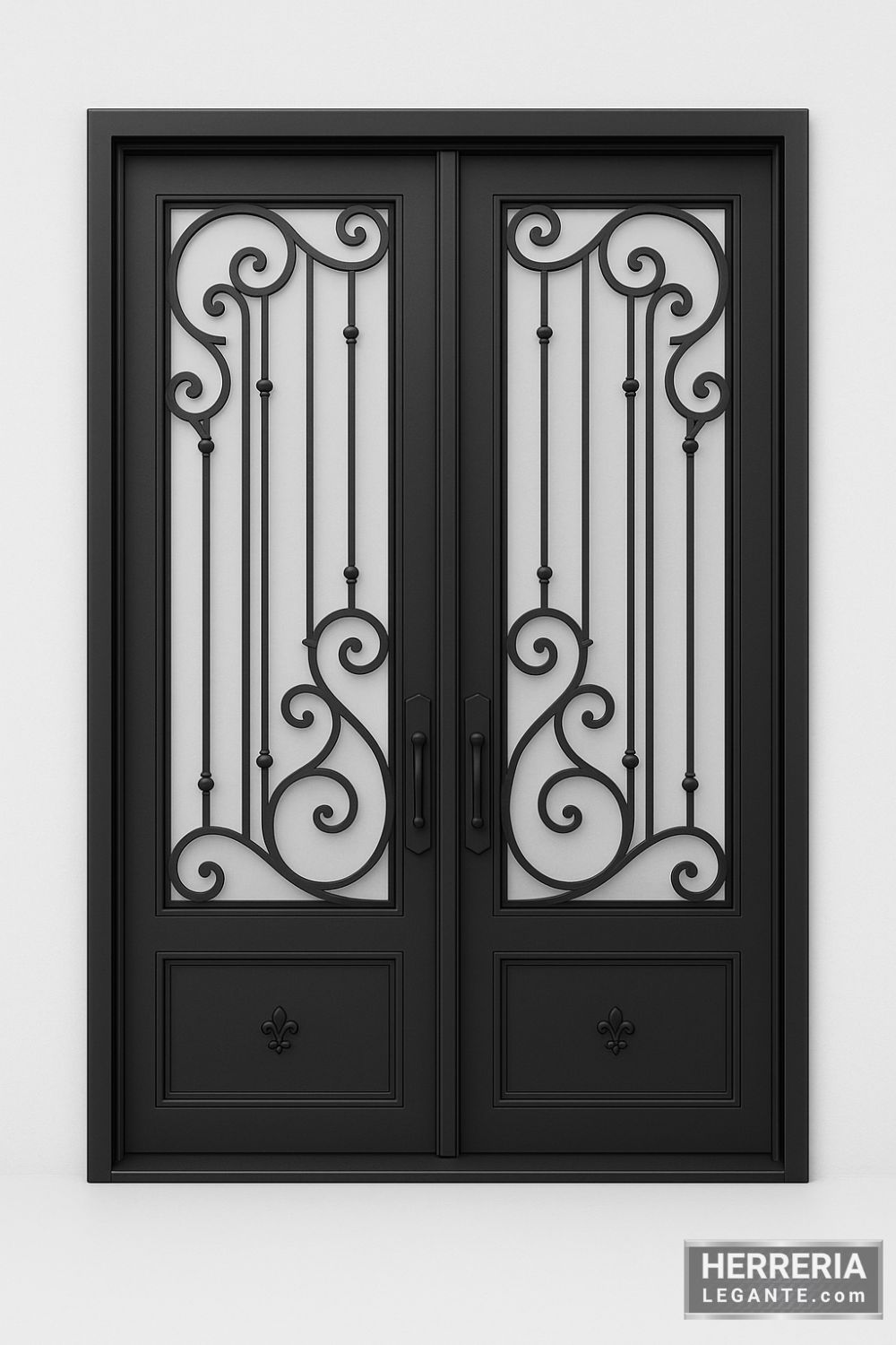 puerta de herrería de doble hoja con vidrio y detalles curvos decorativos, vista frontal sobre fondo neutro