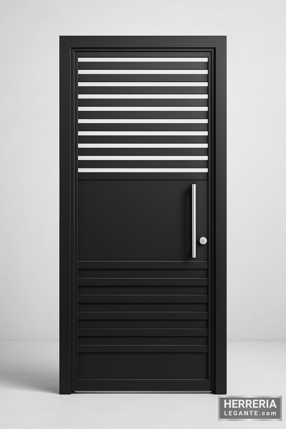 puerta de herrería negra moderna con ventilación horizontal y manija vertical, instalada en muro perimetral elegante