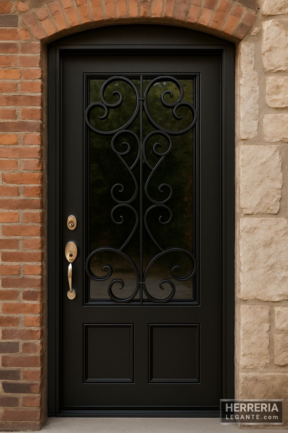 puerta de herrería elegante de una hoja con vidrio reflejante y diseño curvo, instalada en fachada de ladrillo y piedra