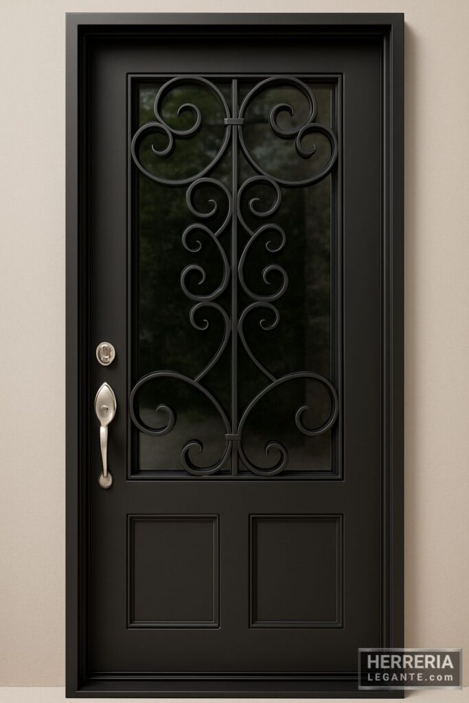 puerta de herrería elegante de una hoja con vidrio reflejante y diseño curvo ornamental simétrico