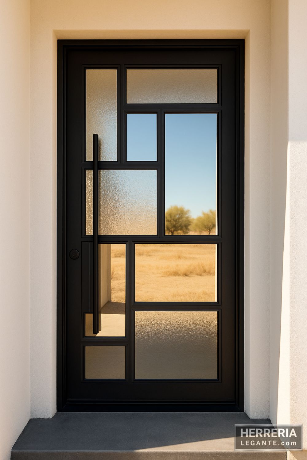 puerta de herrería con vidrio asimétrico en fachada de casa con diseño ecléctico