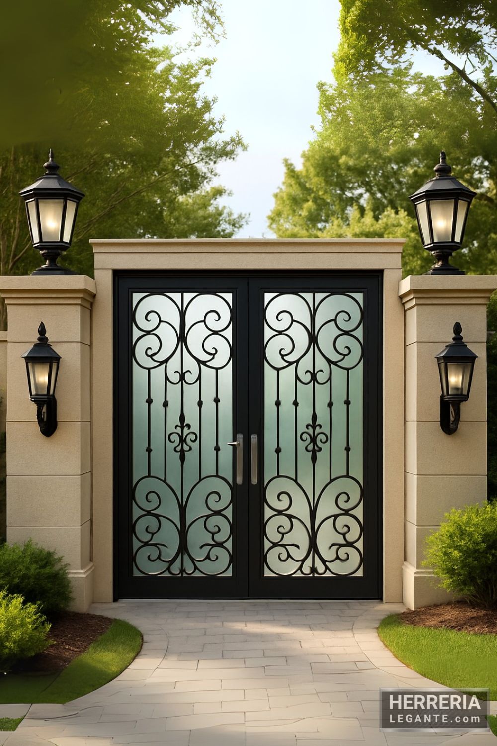 portón de herrería de doble hoja con vidrio esmerilado en fachada exterior con columnas claras y camino bordeado de arbustos