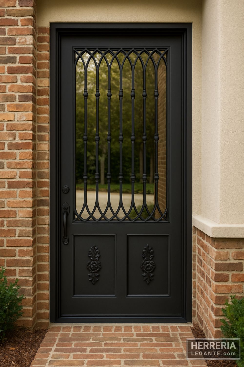 puerta de herrería con barrotes y relieves florales instalada en fachada de ladrillo y estuco, con sendero de ladrillo