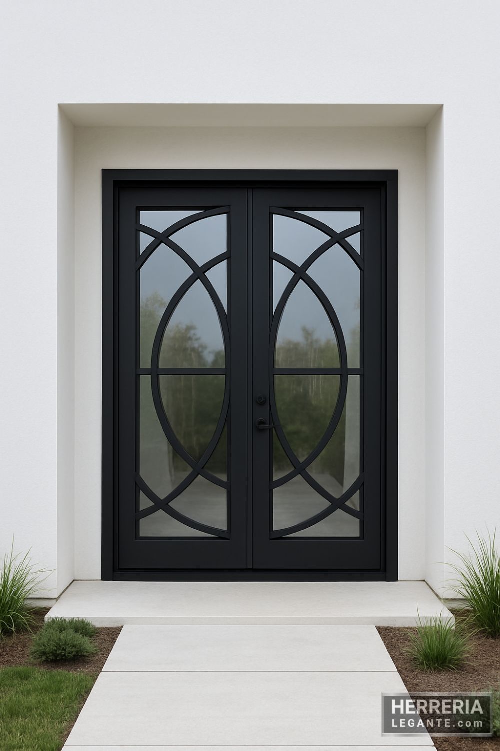 puerta de herrería de doble hoja con diseño geométrico en fachada moderna de muros blancos