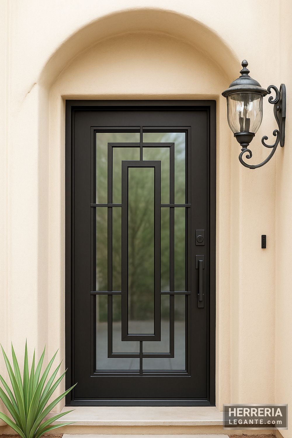 puerta de herrería con vidrio y diseño rectangular en fachada clásica con arco y farol decorativo