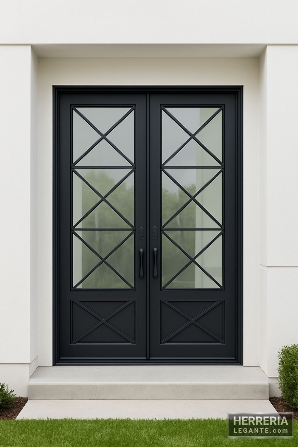 puerta de herrería de doble hoja con vidrio y diseño cruzado en fachada moderna con muros blancos