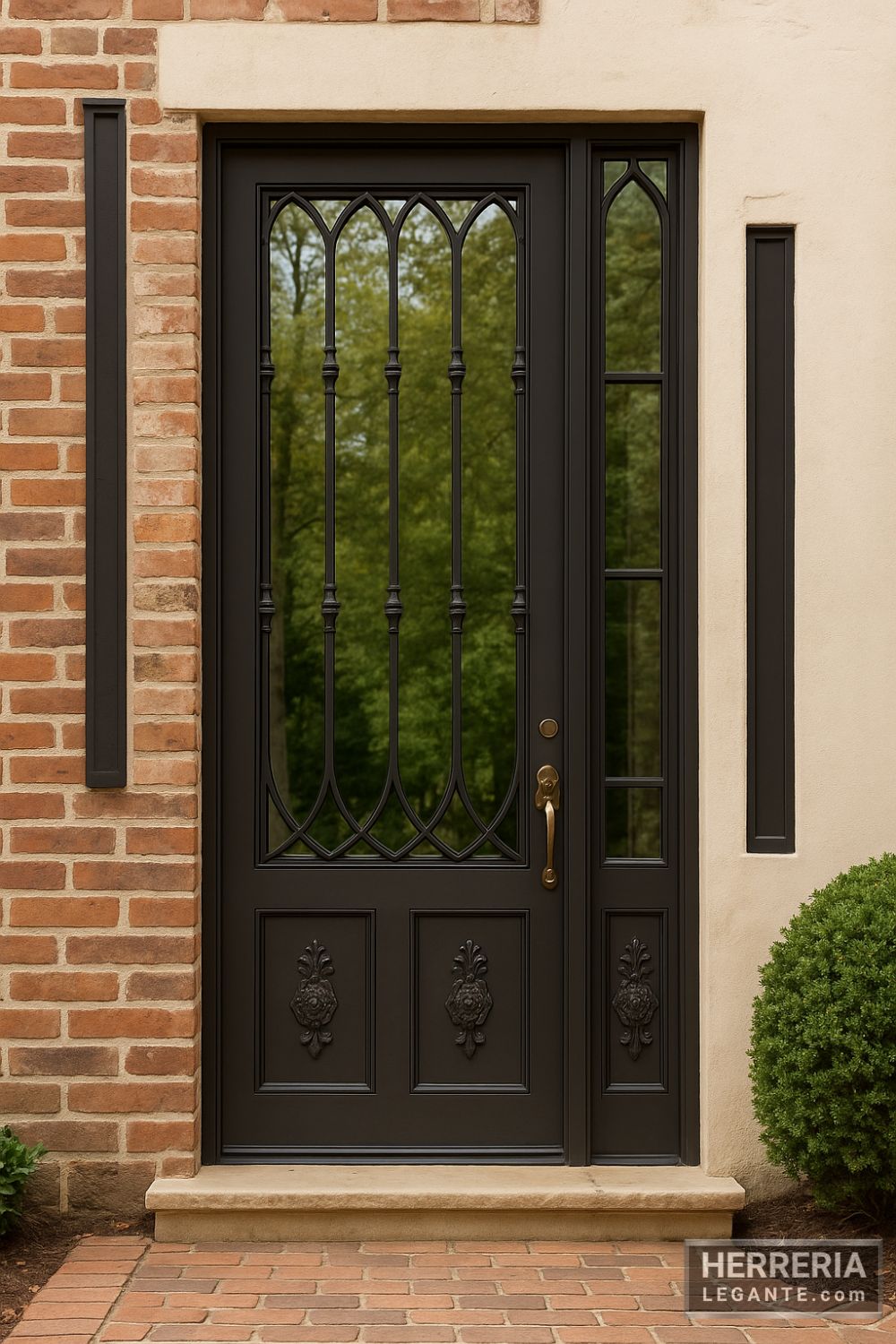 puerta de herrería con barrotes curvos y relieves florales en fachada de ladrillo y estuco de residencia de alto estándar