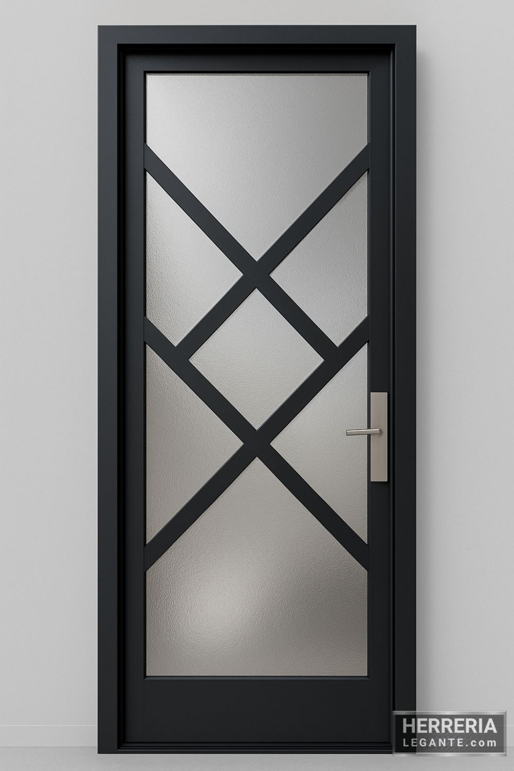 puerta de herrería negra con diseño geométrico en cruz y vidrio esmerilado, vista frontal sobre fondo gris claro