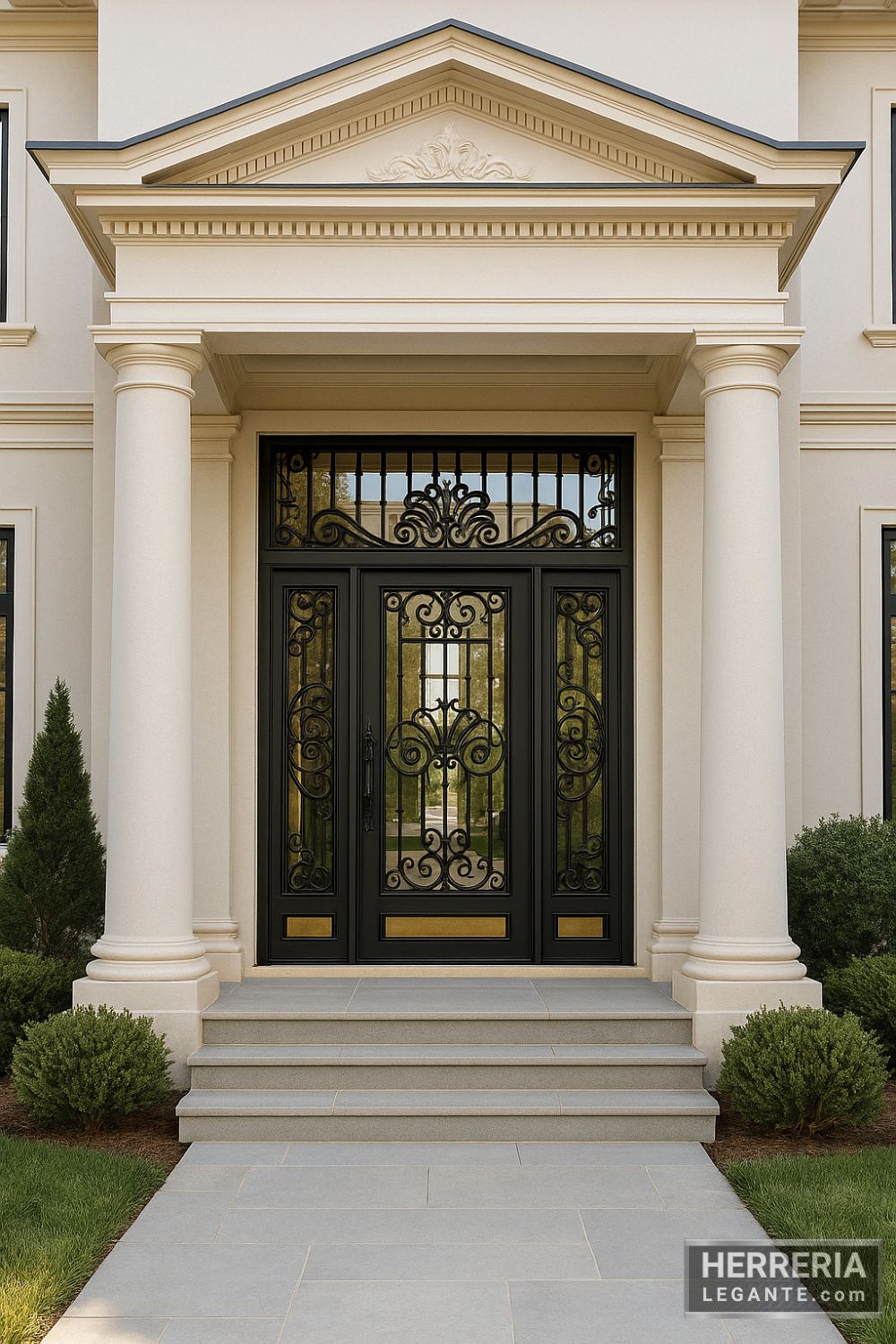 puerta de herrería negra con vidrio y forja ornamental instalada en fachada clásica de gran escala con columnas y molduras decorativas