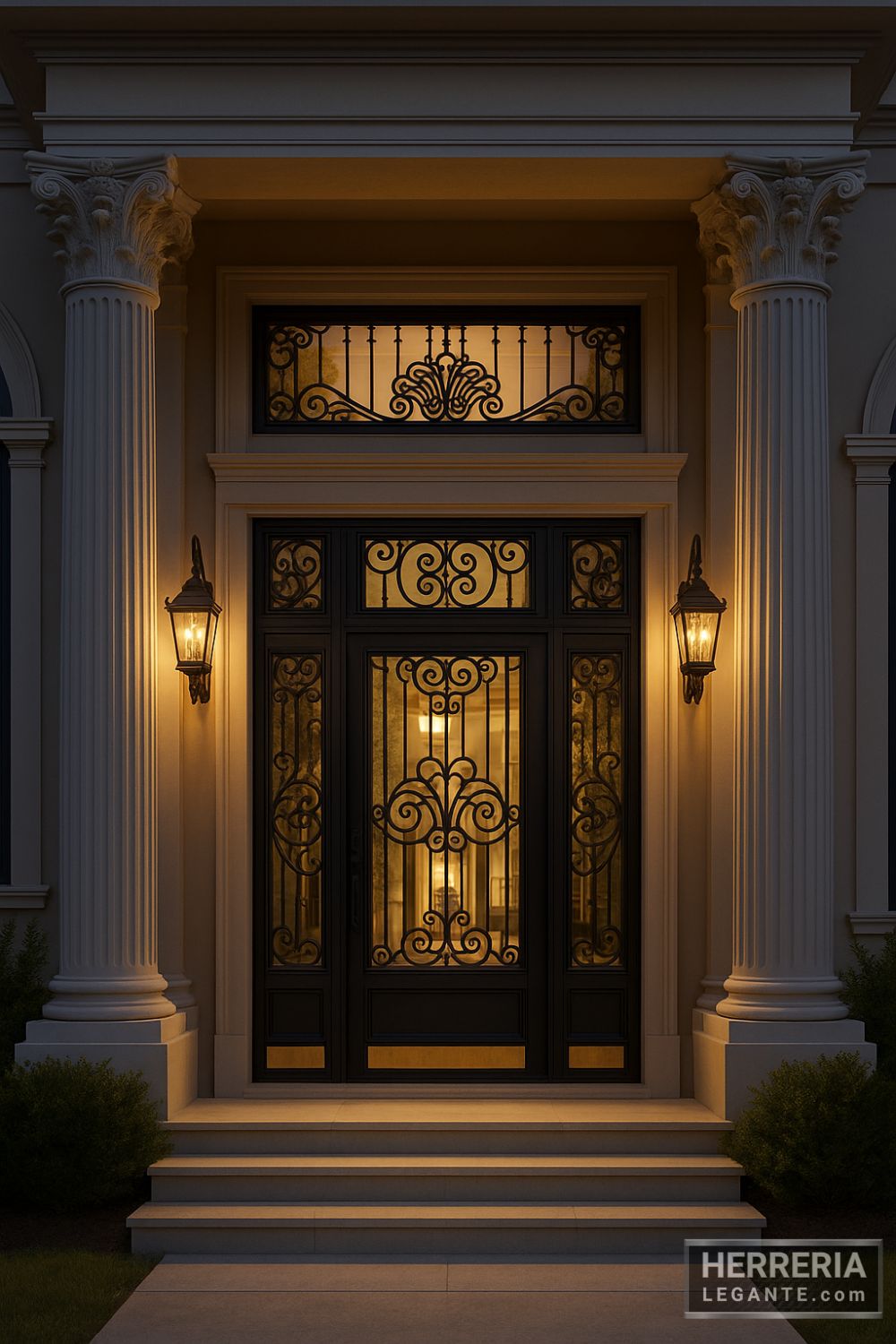 puerta de herrería negra con vidrio y forja ornamental instalada bajo columnas monumentales e iluminada con faroles cálidos al atardecer