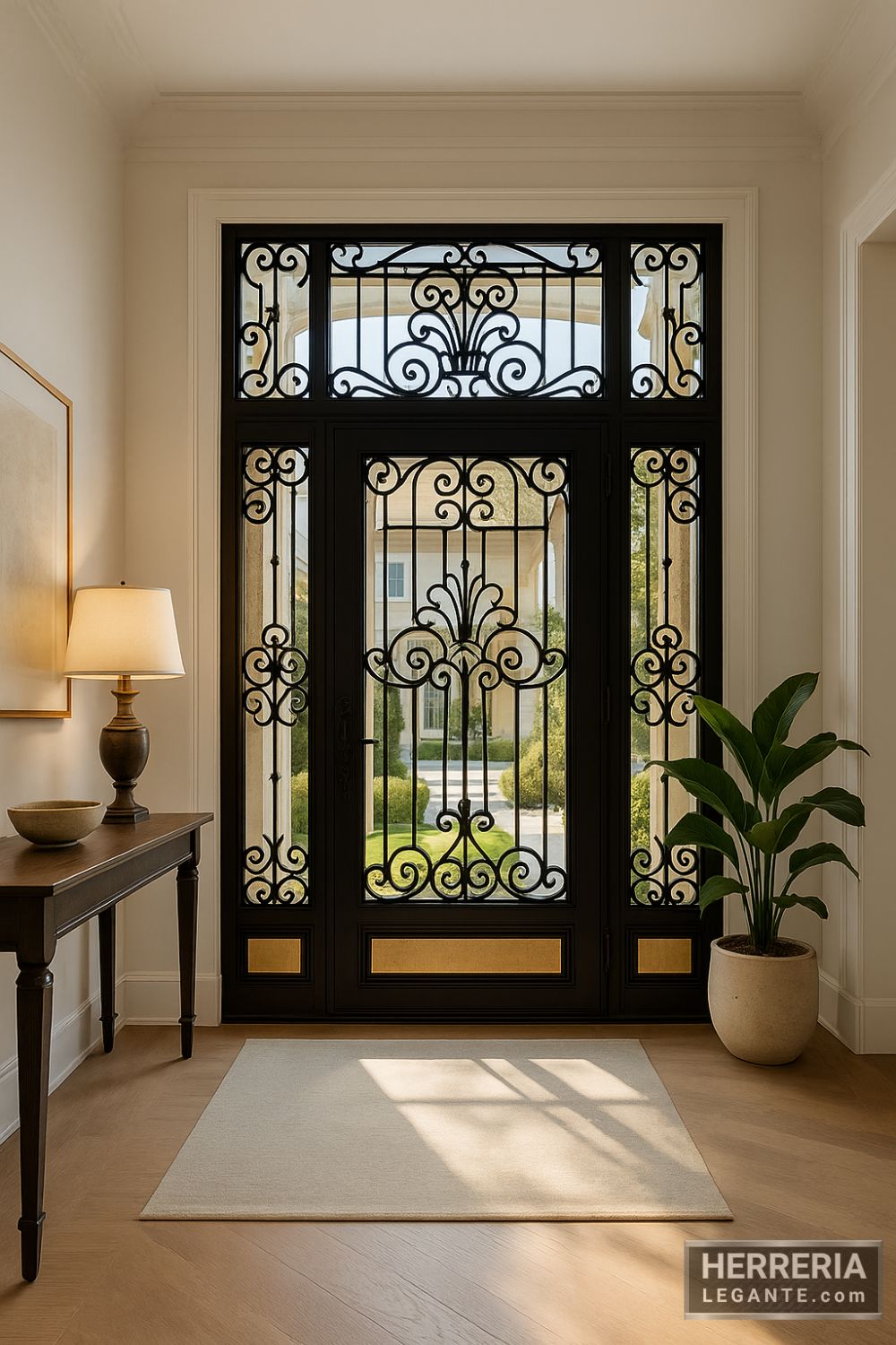 puerta de herrería negra con vidrio y diseño ornamental vista desde interior elegante con doble altura y escalera decorativa