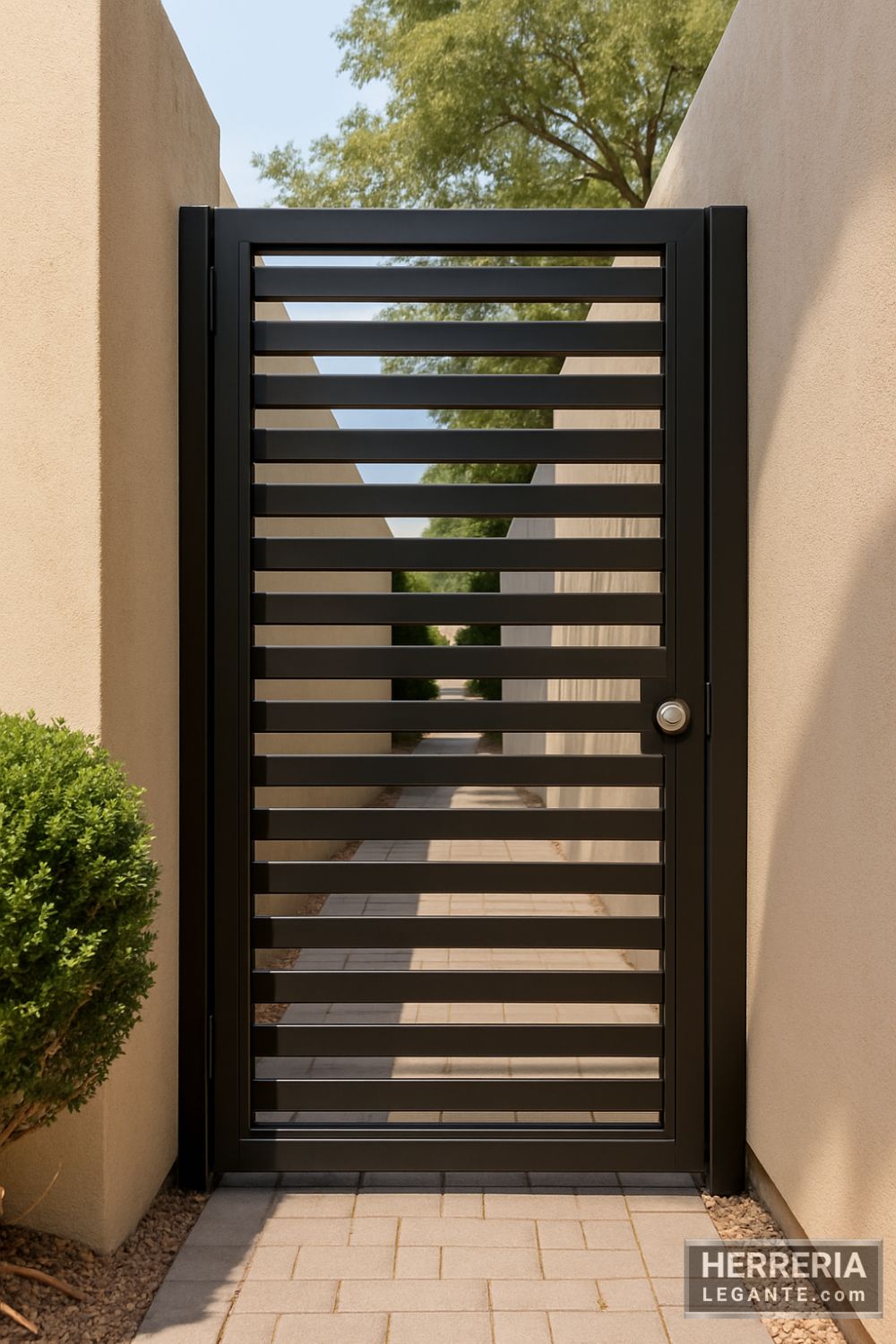 puerta de herrería de una hoja con diseño horizontal simple, instalada en pasillo exterior entre muros de concreto claro