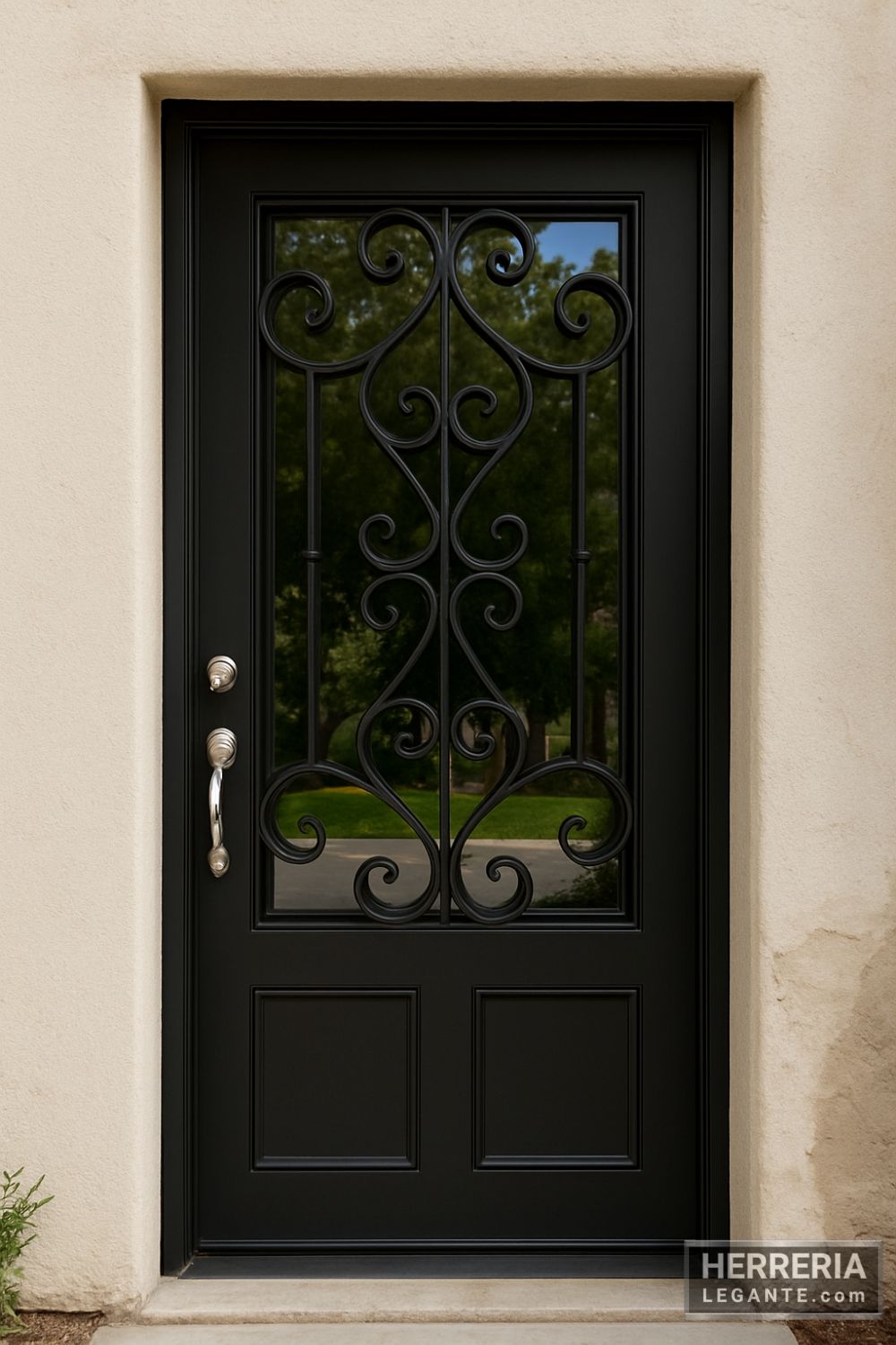 puerta de herrería de lujo con vidrio reflejante y diseño curvo instalada en fachada de estuco claro