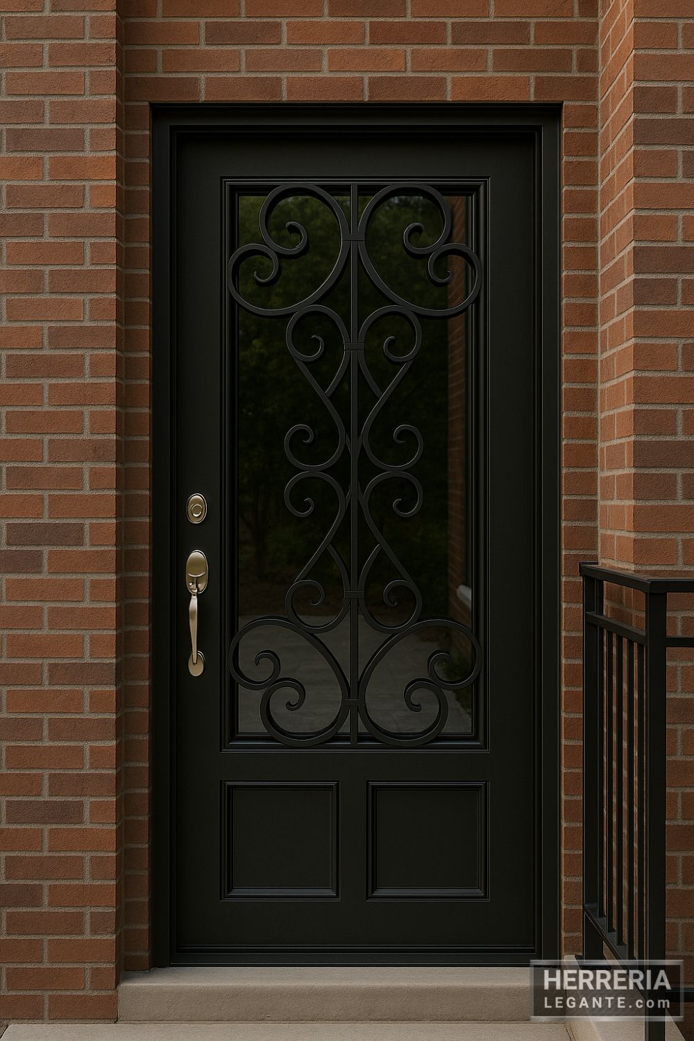 puerta de herrería de lujo con vidrio reflejante y diseño curvo, en fachada de edificio moderno de ladrillo