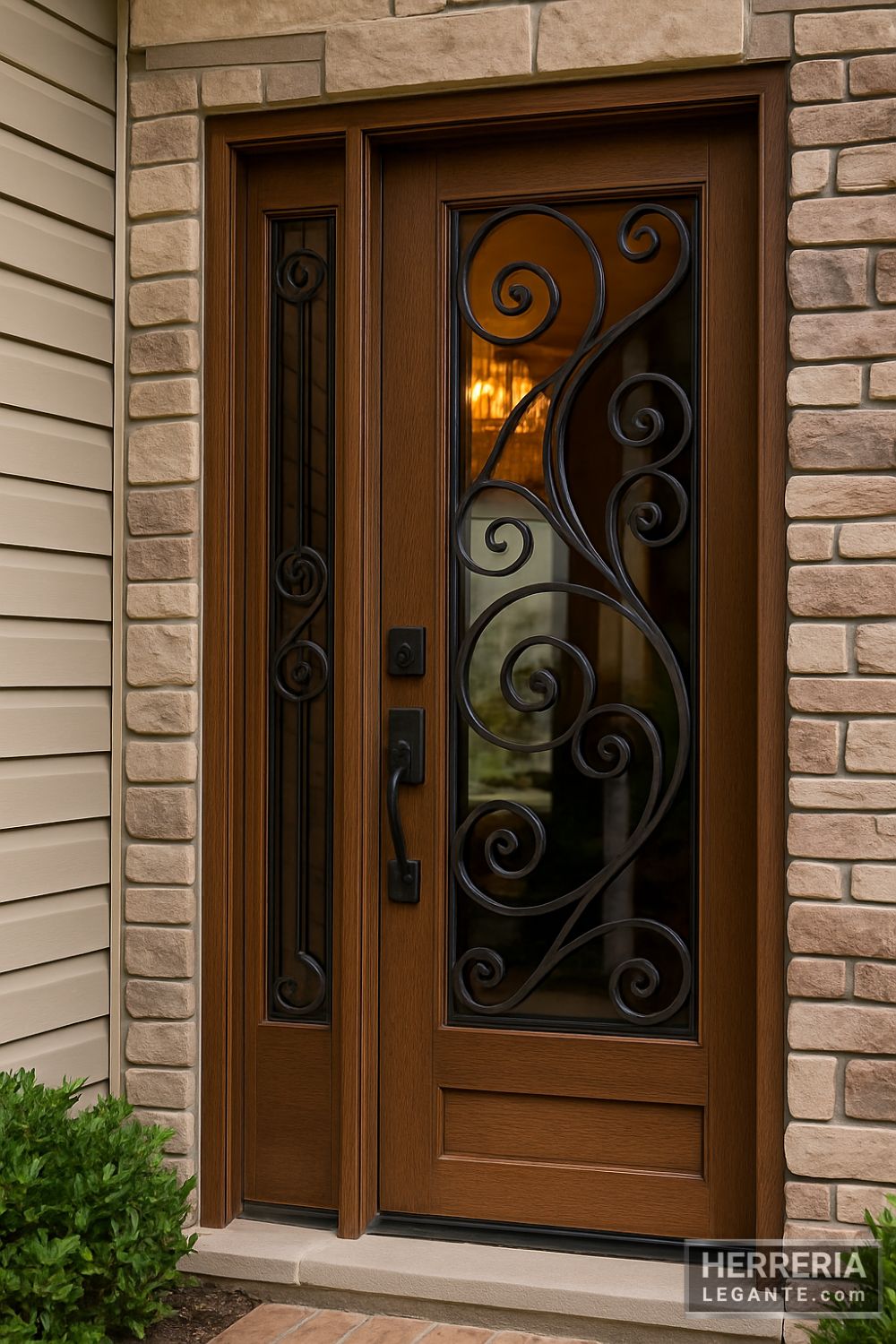 puerta de herrería principal con marco de madera y curvas decorativas, vista en ángulo con fachada de piedra y vegetación