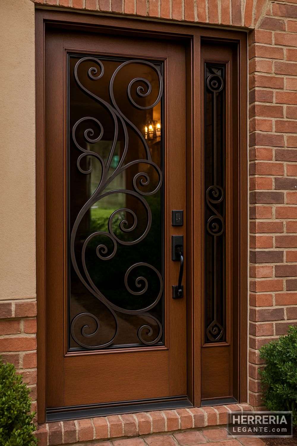 puerta de herrería con marco de madera y diseño curvo en vidrio, instalada en fachada de ladrillo rojo