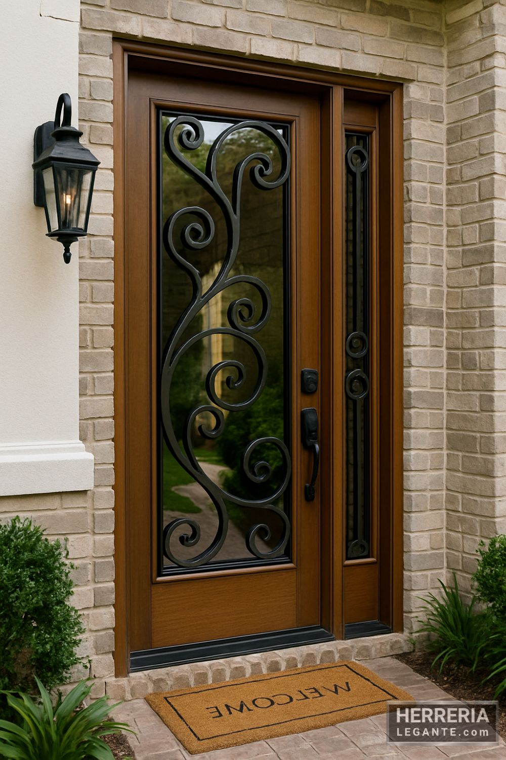 puerta de herrería con marco de madera y diseño curvo en fachada de ladrillo claro y pared de estuco blanco