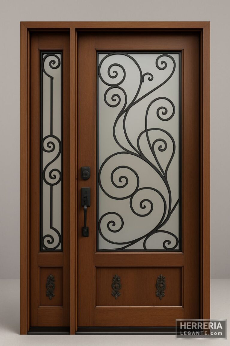 puerta de herrería con marco de madera y diseño curvo artístico en hierro forjado, con fijo lateral decorativo