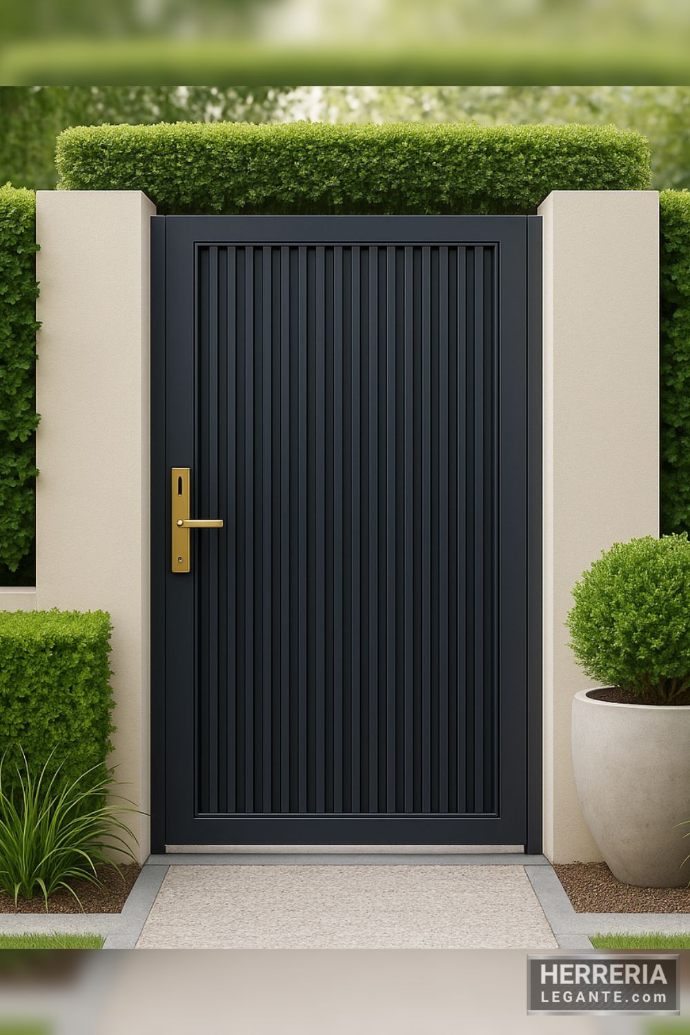 puerta de herrería moderna negra con barras verticales y cerradura dorada, instalada en muro claro con setos verdes y macetas decorativas