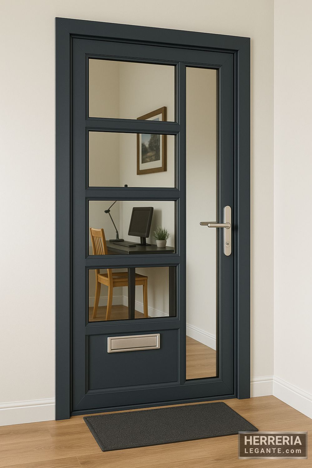 puerta de herrería gris con vidrio, vista interior hacia oficina