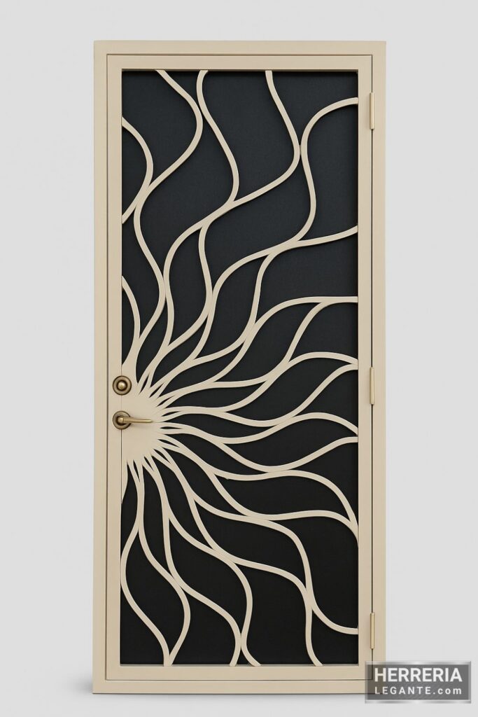 puerta de herrería beige con diseño radial ondulado de hierro curvo sobre fondo de vidrio oscuro, vista frontal sobre fondo gris claro