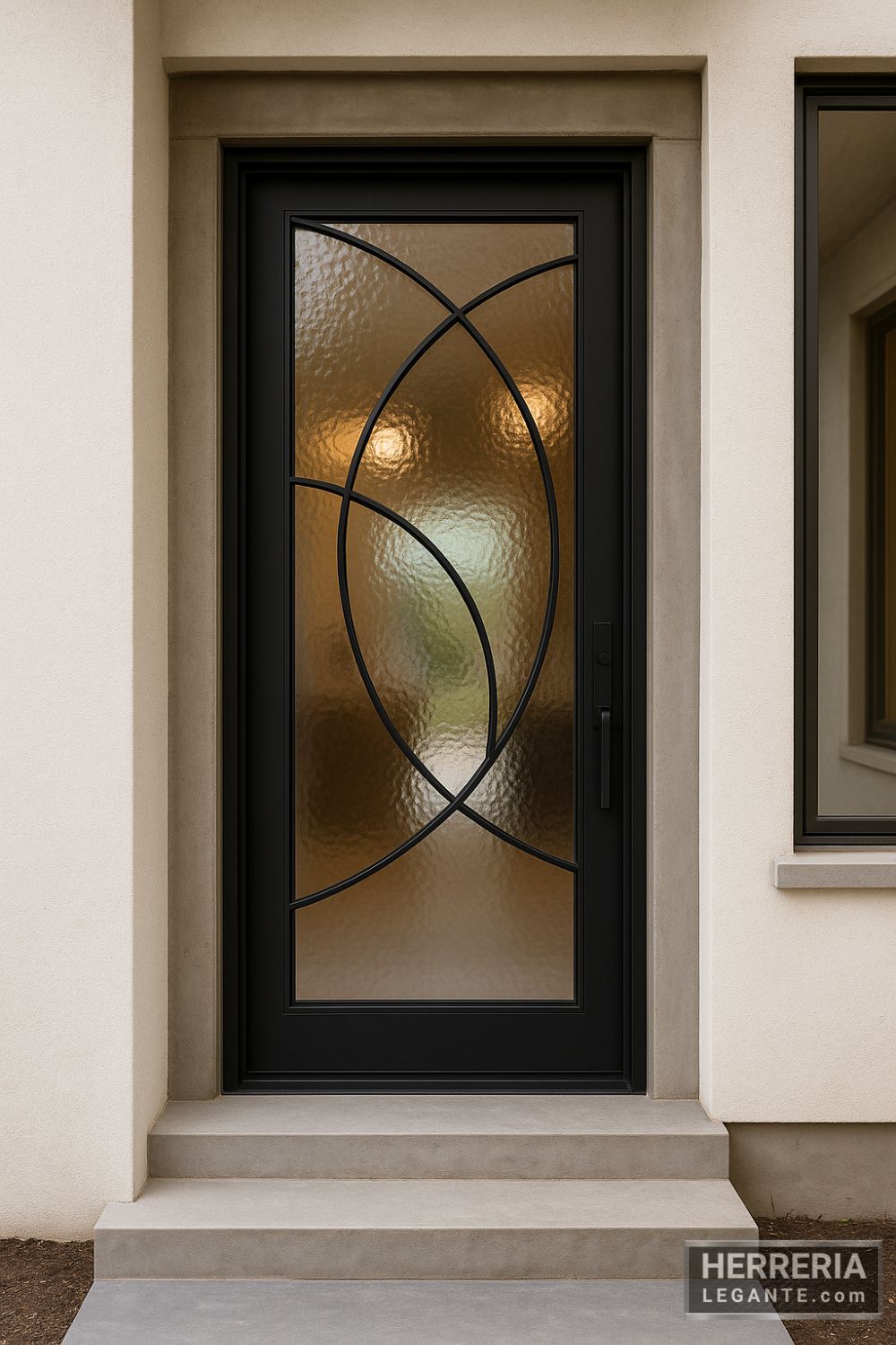 puerta de herrería con vidrio martillado y diseño curvo en fachada remodelada con marco de concreto y luz cálida interior