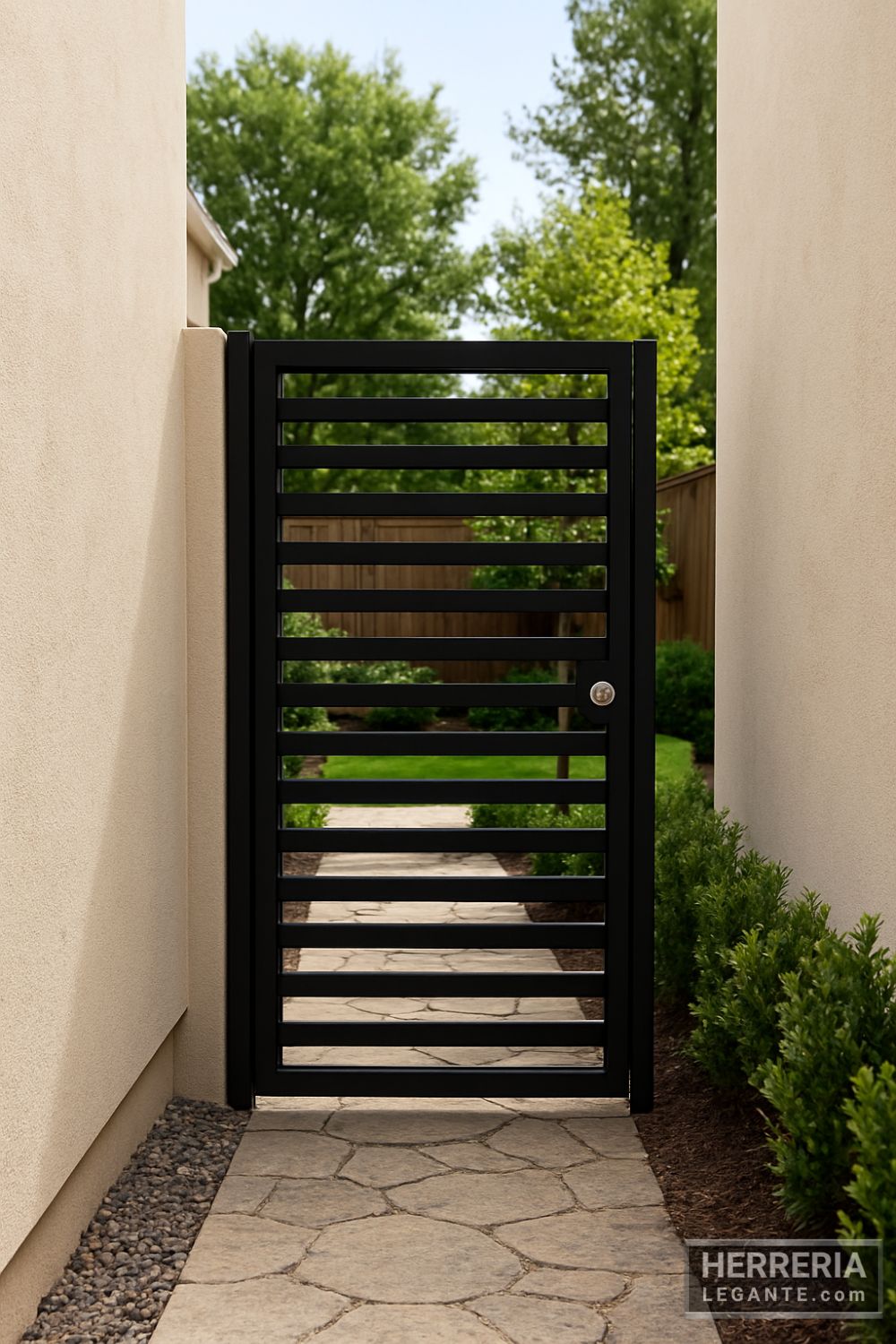 puerta de herrería negra con diseño horizontal simple en pasillo exterior con sendero de piedra y jardín al fondo