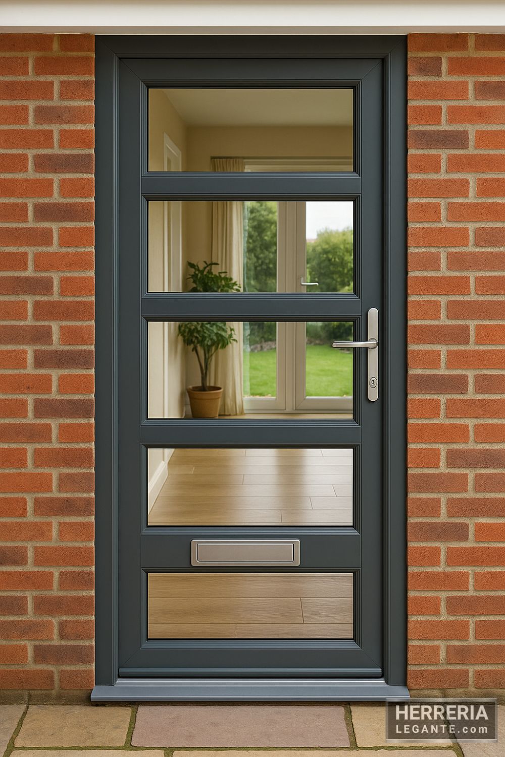 puerta de herrería gris con vidrio horizontal en acceso trasero hacia jardín