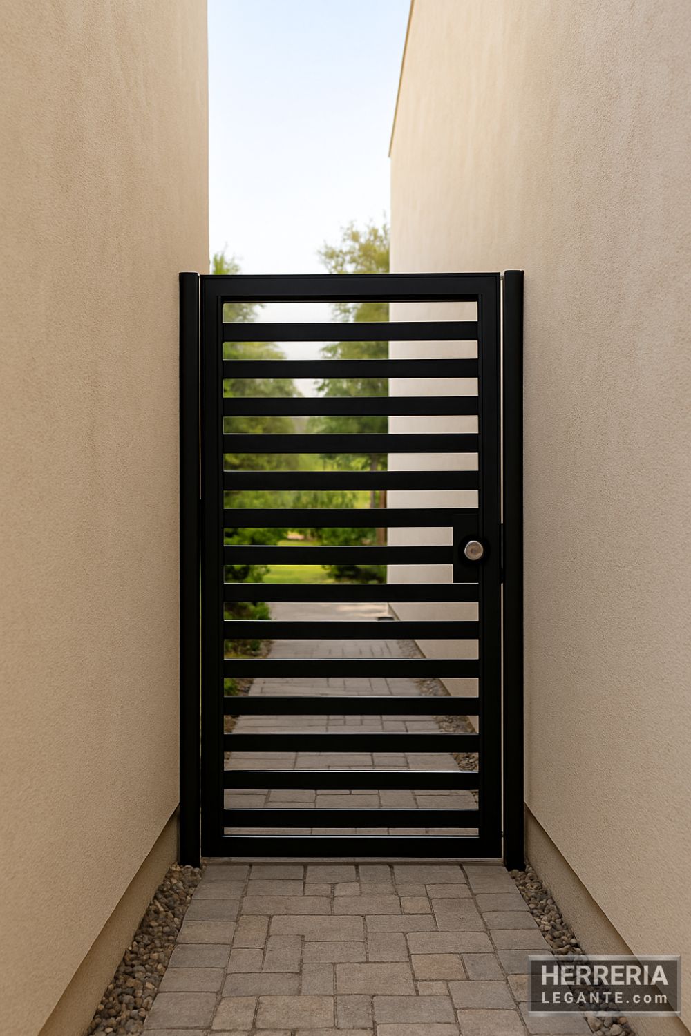 puerta de herrería con diseño horizontal simple vista desde pasillo iluminado por luz natural, con piso de adoquines y fondo de jardín