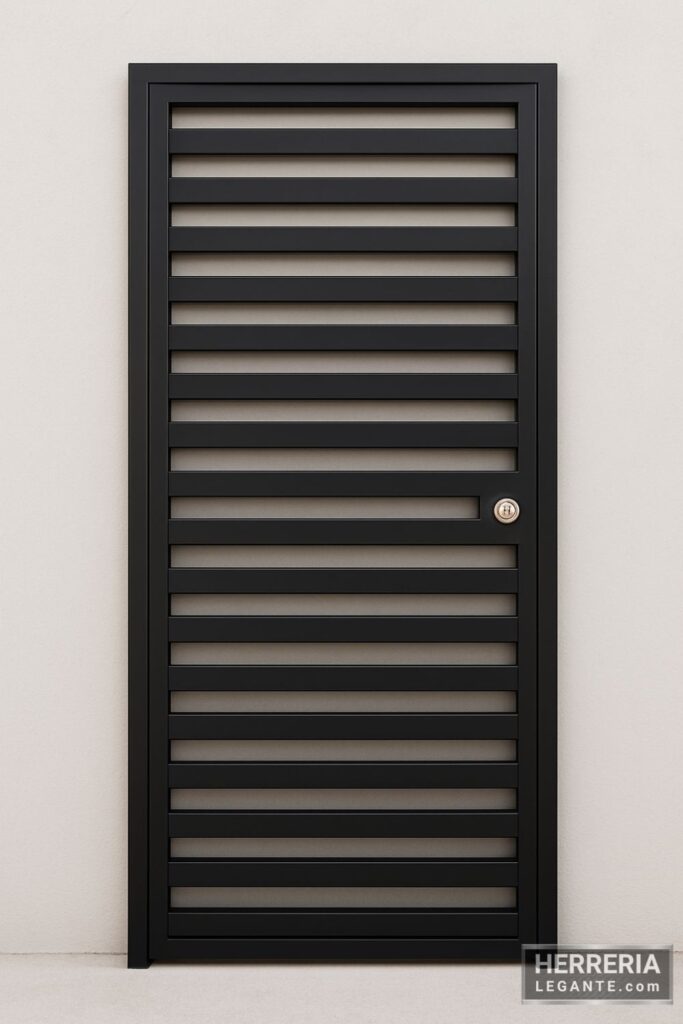 puerta de herrería simple de una hoja para exterior, con diseño de barrotes horizontales y cerradura al lado derecho
