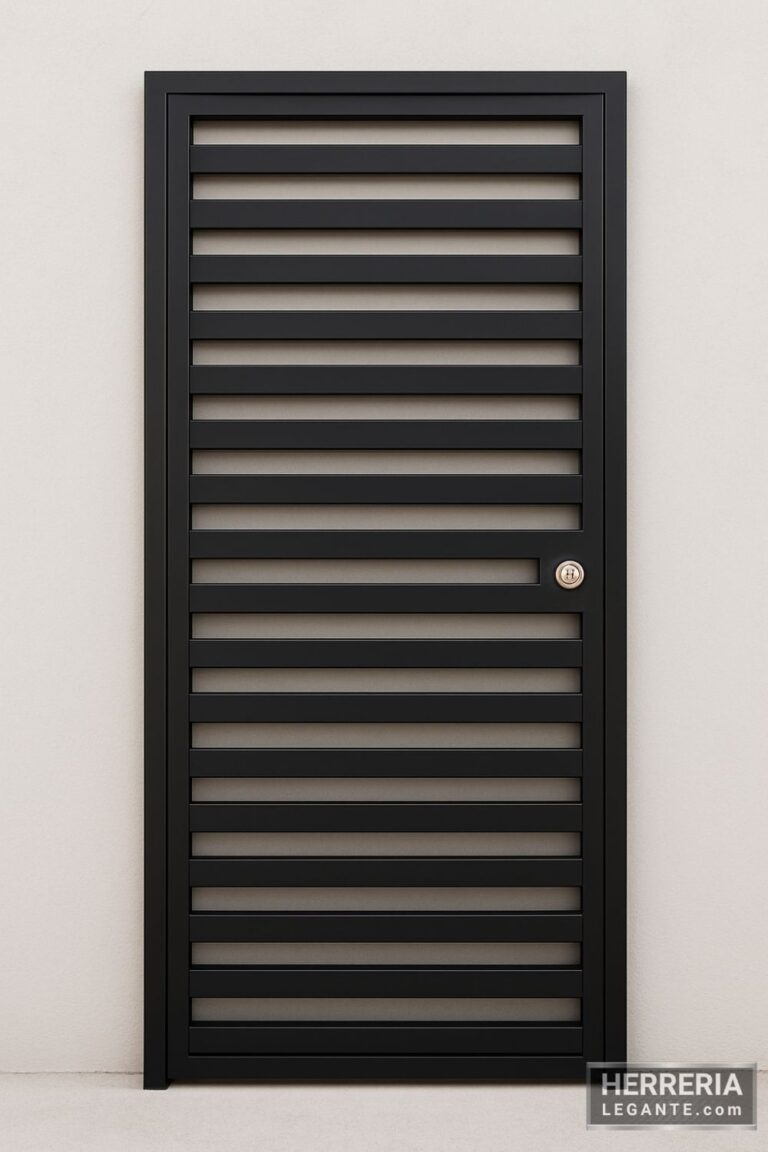 puerta de herrería simple de una hoja para exterior, con diseño de barrotes horizontales y cerradura al lado derecho