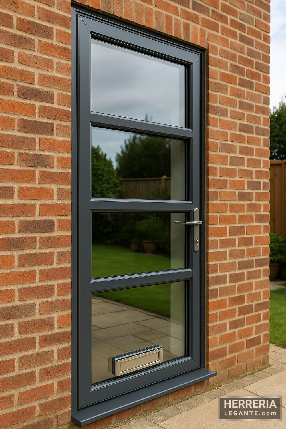 puerta de herrería con paneles de vidrio y buzón, instalada sobre muro de ladrillo visto