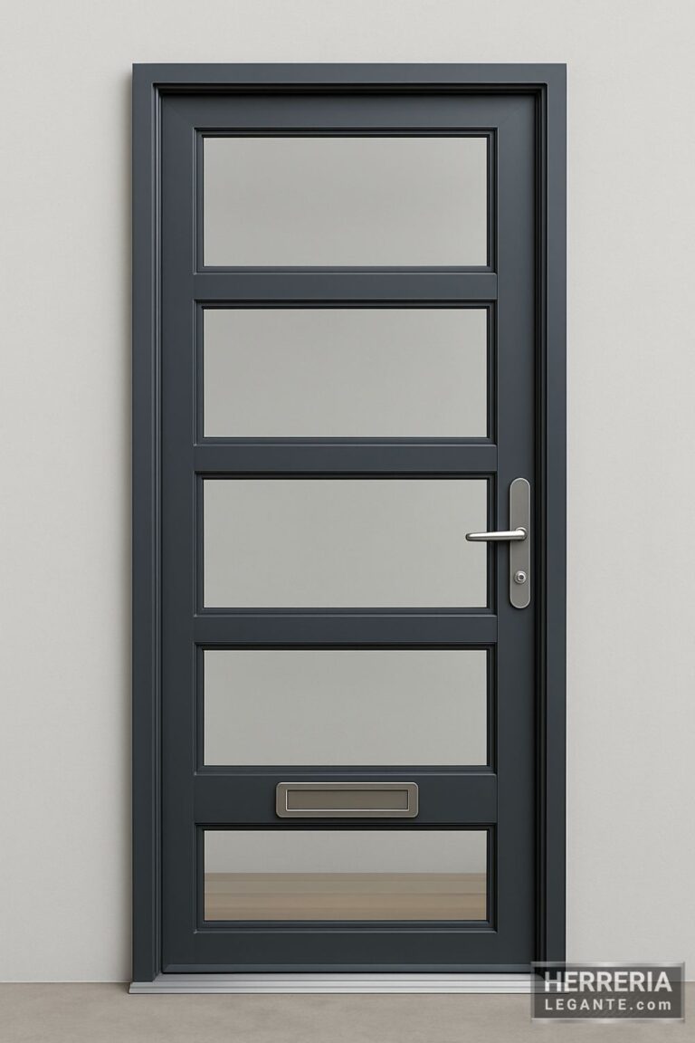 puerta de herrería gris con paneles horizontales de vidrio y buzón integrado