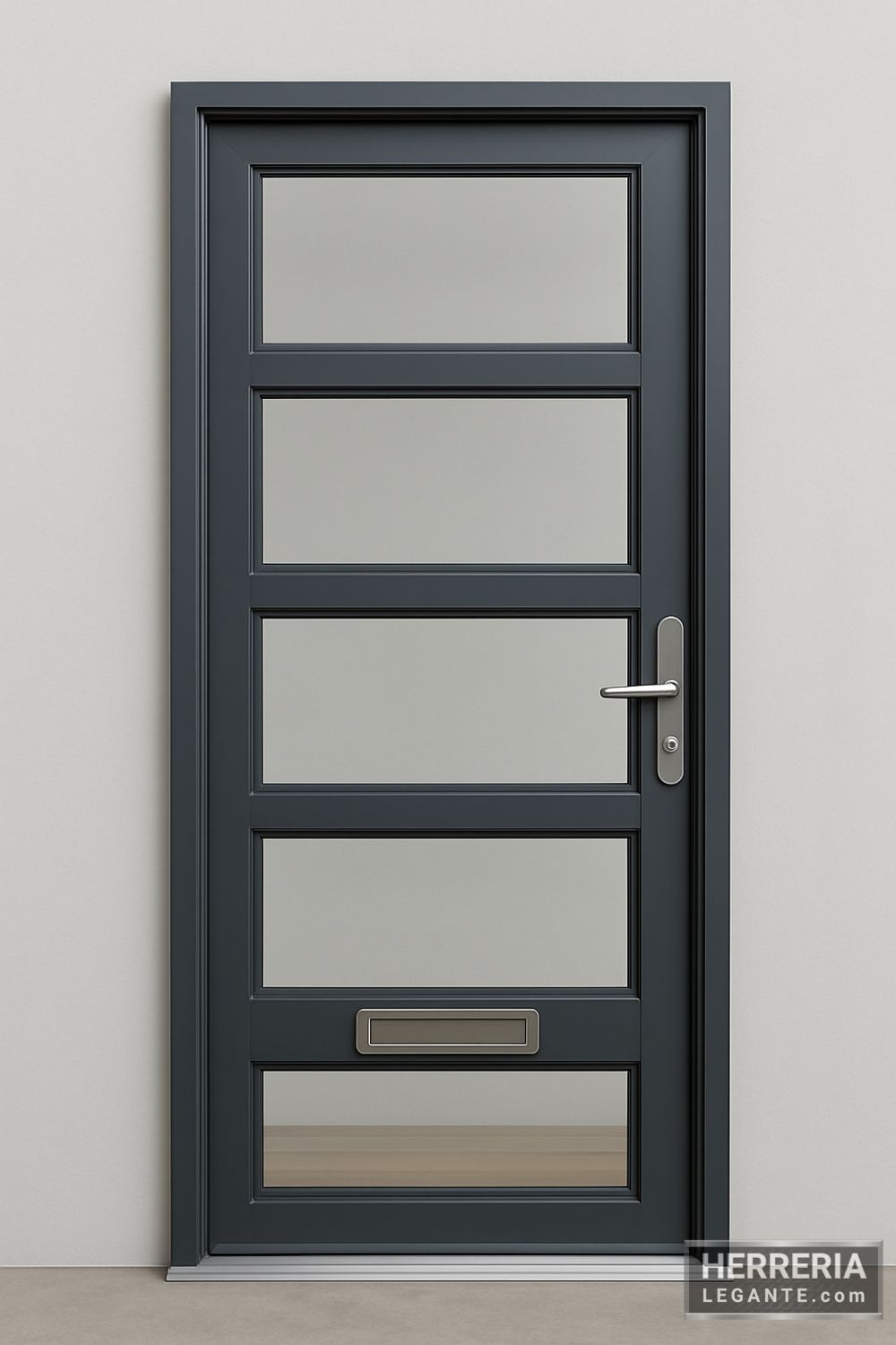 puerta de herrería gris con paneles horizontales de vidrio y buzón integrado