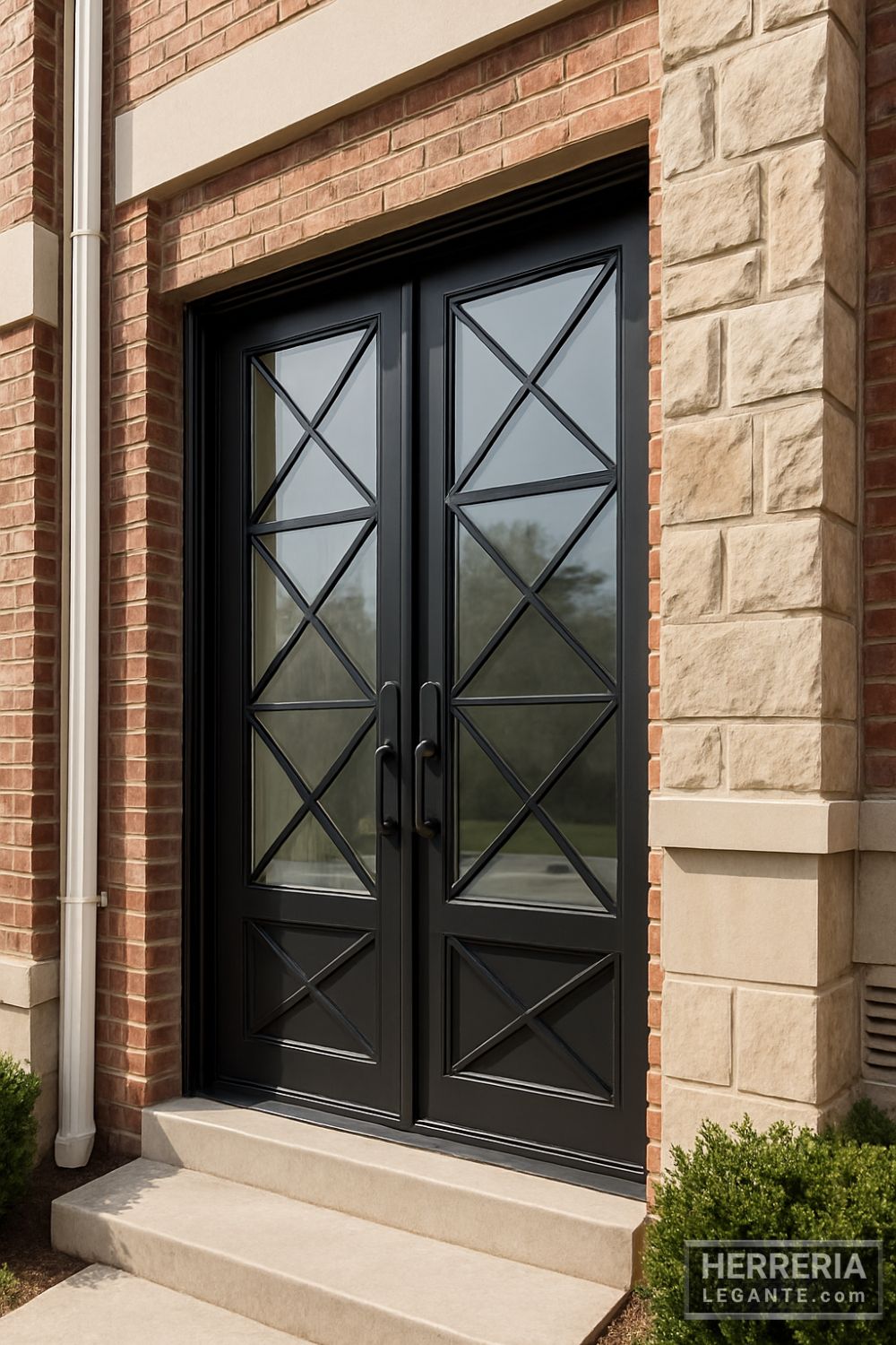 puerta de herrería con vidrio y diseño cruzado en fachada de townhouse con ladrillo y piedra