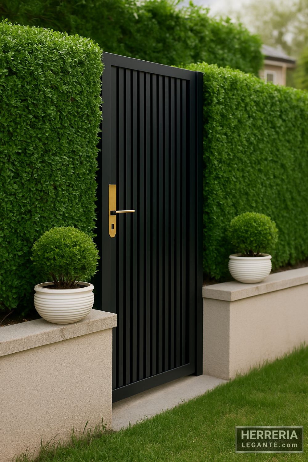 puerta de herrería moderna negra con líneas verticales y cerradura dorada vista en ángulo lateral, instalada en muro perimetral bajo con plantas decorativas