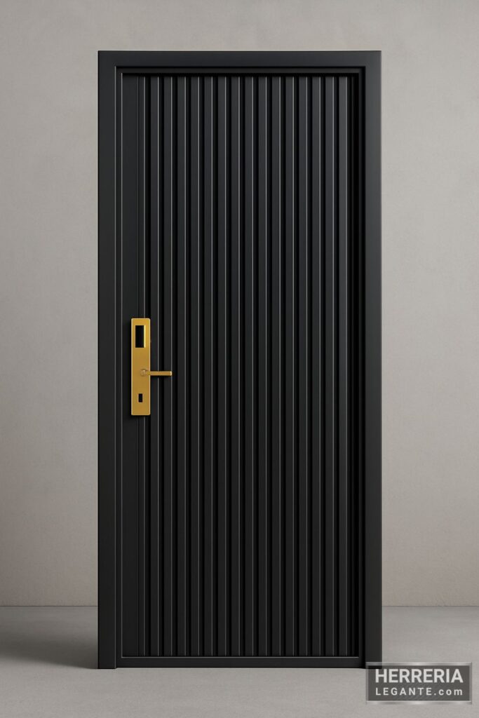 puerta de herrería moderna con barras verticales empotradas y cerradura dorada, ideal para entrada exterior elegante en muro simétrico