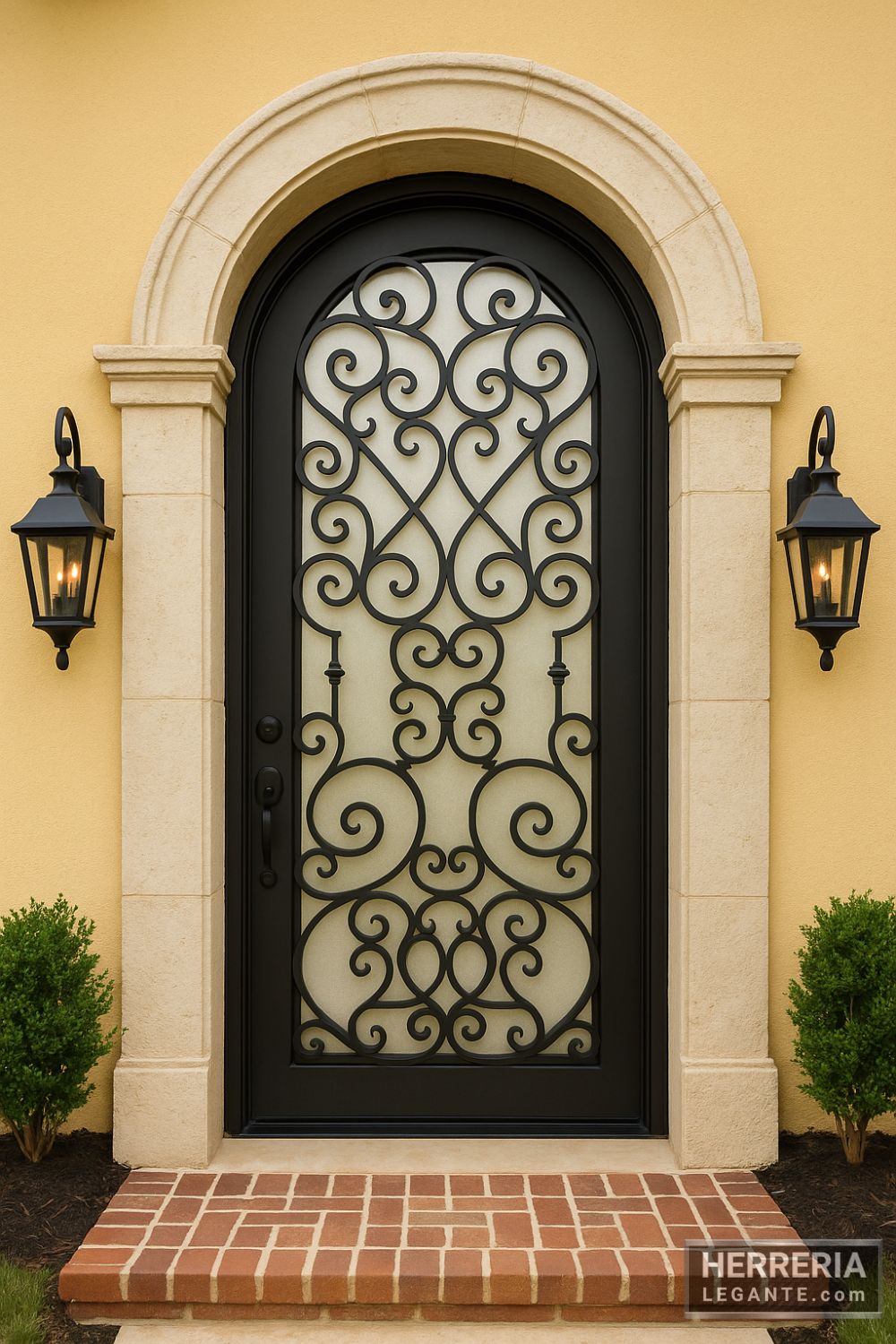 puerta de herrería negra con vidrio esmerilado en fachada contemporánea con detalles rústicos y pared amarilla